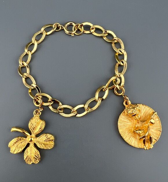 Estate Jewelry - Vintage Germany Charm Bracelet Gold Tone Curb Link Good Luck Clover Mandolin